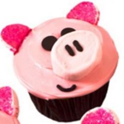 Peppa Pig. Pink Velvet or Any flavor cupcakes with Butter Cream Frosting, Marshmallow Nose and Candy decorations.