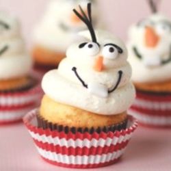 Olaf Vanilla Cupcake with Marshmallow Cream frosting and Candy decorations.