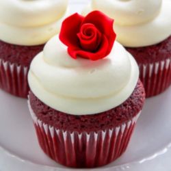 Red Velvet Cupcake with Cream Cheese Frosting and Candy Rose.