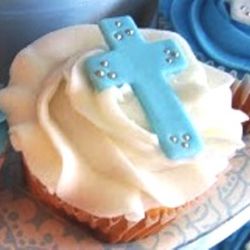 Baptism Cupcakes. Any flavor cupcake, Butter Cream Frosting and any color candy Cross